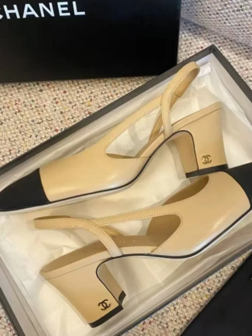 CHANEL Two-Tone Cap Toe Block Heel Slingback Pumps